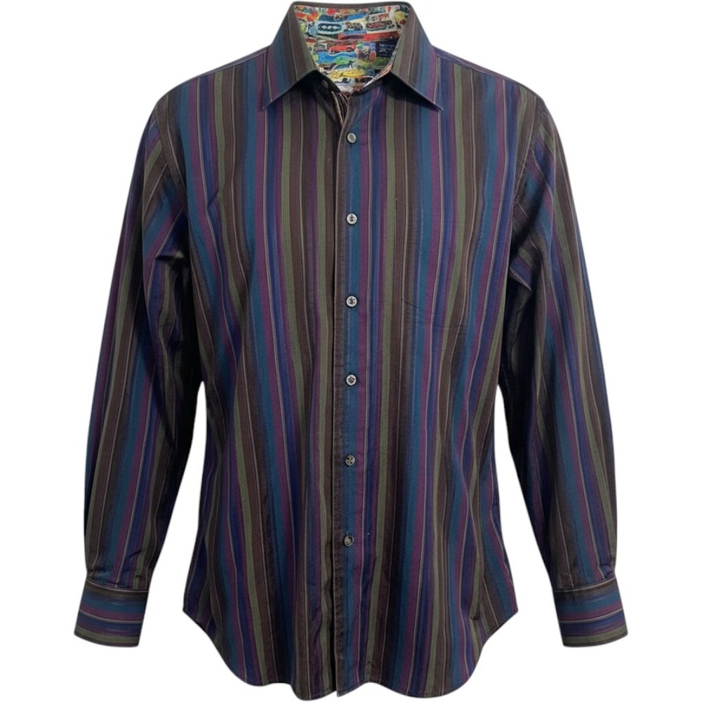 Robert Graham Button Down Mens XL‎ Multicolor Striped Vintage Car Print Lining